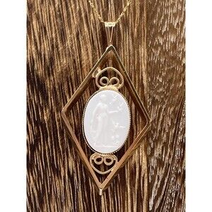 Vintage Milk Glass Necklace Gold Tone Elegant Diamond Shape Pendant